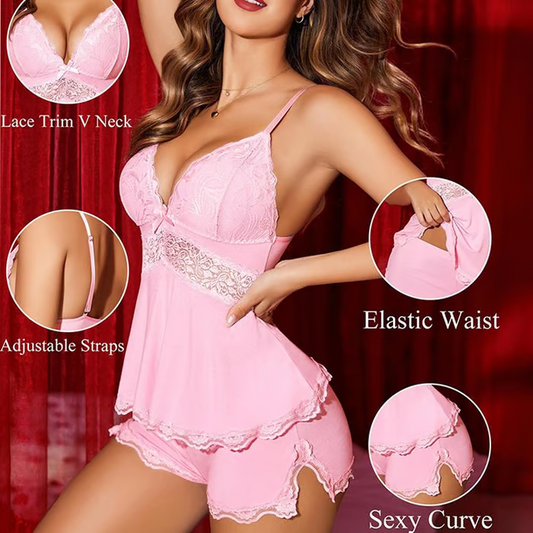 💕LAST DAY SPECIAL PRICE: ￡13.99!!💕👚Lace Trimmed V-Neck Camisole & Shorts Sleepwear Set