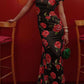 🎉Hot Sale 50% OFF🥳Cheongsam Style Rose Floral Print Tiered Flare Sleeve Stretch Maxi Dress