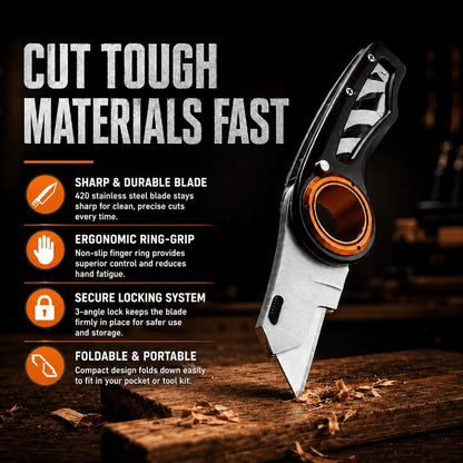❄️Summerfresh 50% OFF!📐Heavy-Duty Folding Utility Knife – Ring-Grip Cutter with 3-Position Lock & Tool-Free Blade Change
