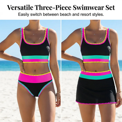 🎁New Arrival 50% OFF💥Color Block Patchwork Nylon Sporty 3-Piece Bikini Set - High Waisted & Tummy Control Swimsuit👙🌈