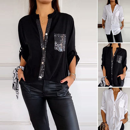 Cotton V-neck Sequin Mid-sleeve Casual Top (Buy 2 Free Shipping)