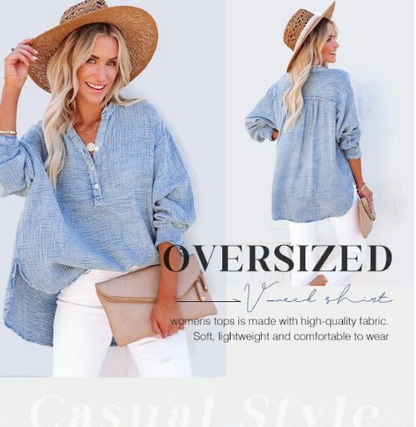 🔥Last Day Sale 50%💖Women’s Casual Gauze Button Neck Long Sleeve Blouse