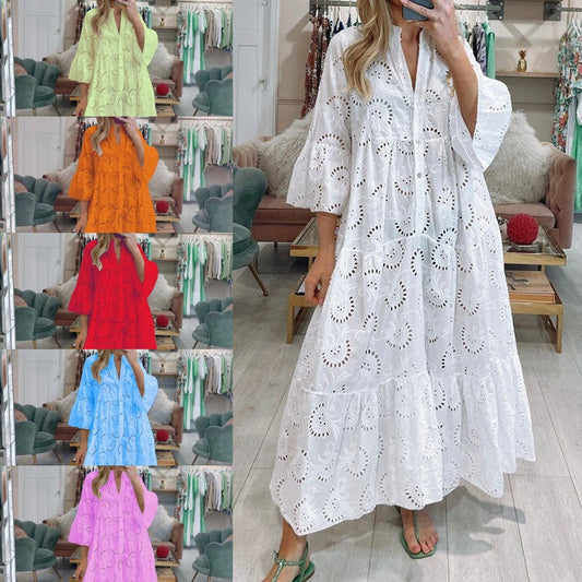 V Neck Flares Sleeve Embroidery Cotton Dress