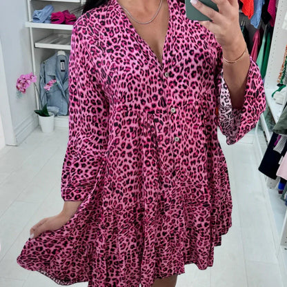 Trendy Leopard Print Dress With V-Neck For Women