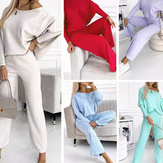 Women's set with solid color Drop Shoulder Pullover and loose pants
