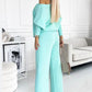 Women's set with solid color Drop Shoulder Pullover and loose pants