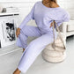 Women's set with solid color Drop Shoulder Pullover and loose pants