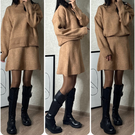 🍁2024 Autumn New Solid Color Casual College Style Knit Dress Set 👗🍂2-Piece Sweater Set: Long-Sleeve Top & Mini Skirt