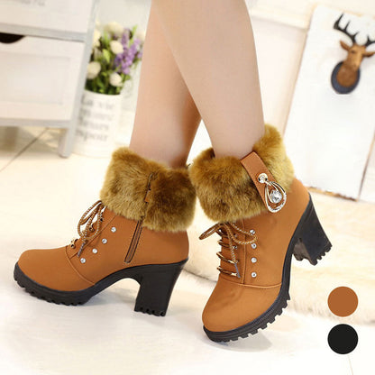 Women's Plush Zipper Chunky Heel Ankle Boots