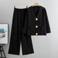 Women's two-piece set with buttoned sweater and wide-leg pants