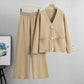 Women's two-piece set with buttoned sweater and wide-leg pants
