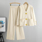 Women's two-piece set with buttoned sweater and wide-leg pants