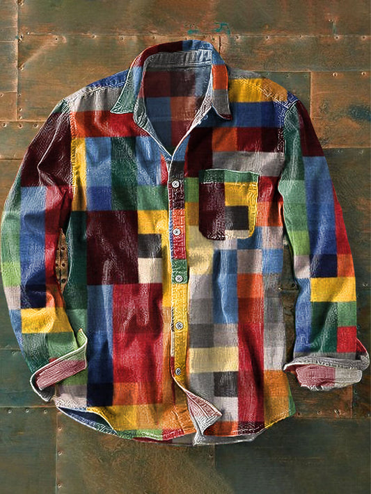 Unisex Simple Rainbow Colors Checked Vintage Printed Collar Long Sleeve Pocket Shirt