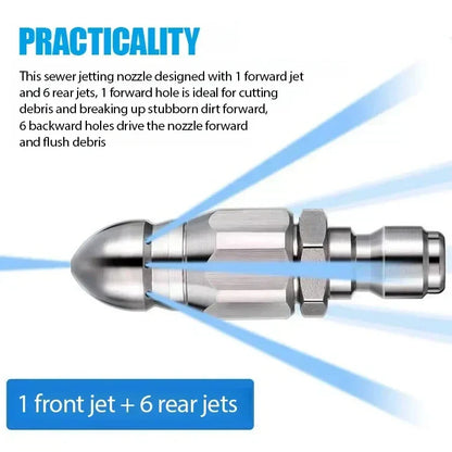 ❄️Summerfresh 50% OFF!💦High-Pressure Drain Jetting Nozzle – Stainless Steel 1 Forward + 6 Rear Jets with 1/4" Quick Connect