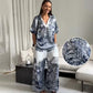 Blue Printed Lightweight Set V-Neck Top & Pants