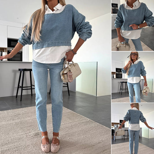 💥Women's Fashion Long Sleeve Denim Top & Pants Two Piece Set