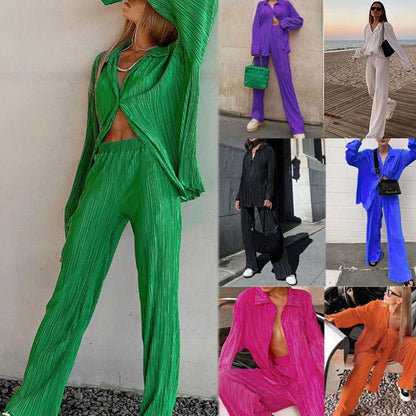 Pleated Button-Down Shirt & Pants 2-Piece Set
