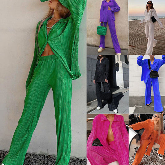 Pleated Button-Down Shirt & Pants 2-Piece Set