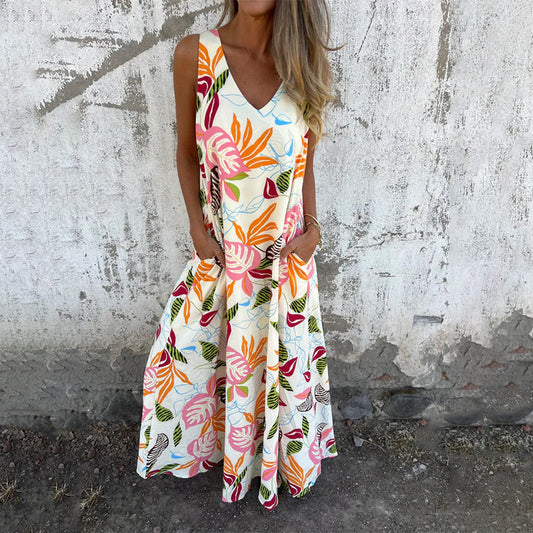 Women Leaves Pattern V-Neck Sleeveless Floor Length Dress