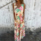 Women Leaves Pattern V-Neck Sleeveless Floor Length Dress