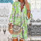 V-neck Printed Fringe Dress with 3/4 Sleeves