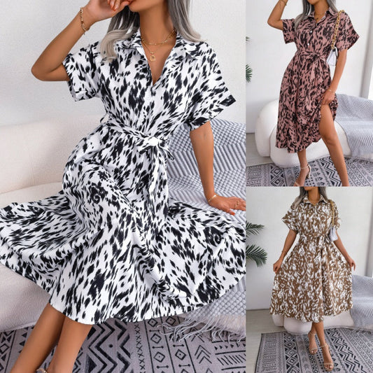 Women's Leopard V-Neck Lapel Long Shirt Dress