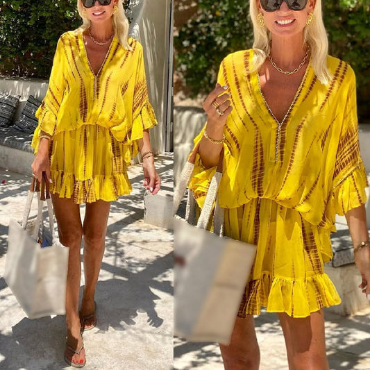 Yellow Sheer Silky Beach Dress with Lowered Waistline