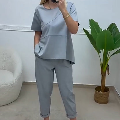 Women’s Solid Short-Sleeve Tops ＆ Pants Two-Piece Set