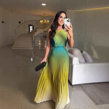Women's Halter Pleated Gradient Color Dress