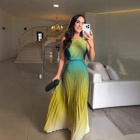 Women's Halter Pleated Gradient Color Dress