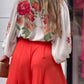 Romantic Rose Deep V-Neck Bubble Sleeves Top & Wide-Leg Pants Set