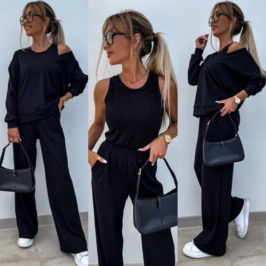 Women's Solid Color Vest & V-Neck Long Sleeve Top & Pants 3-Piece Set