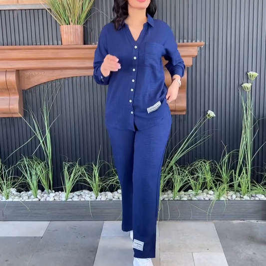 Women's Casual Loose Long Sleeve Shirt High Waist Split Wide Leg Pants Set