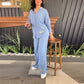 Women's Casual Loose Long Sleeve Shirt High Waist Split Wide Leg Pants Set