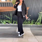 Women's Casual Loose Long Sleeve Shirt High Waist Split Wide Leg Pants Set