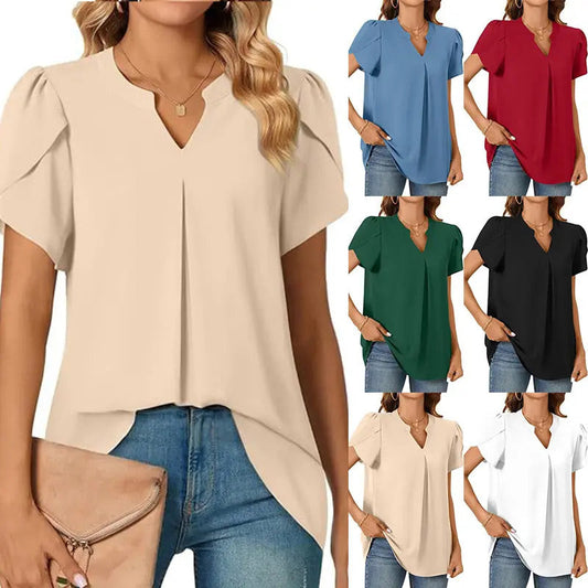 Women's V-neck plain top with short sleeves