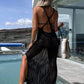 Desert Island Crochet Knit Cross Back Maxi Dress with Quilt