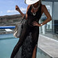 Desert Island Crochet Knit Cross Back Maxi Dress with Quilt