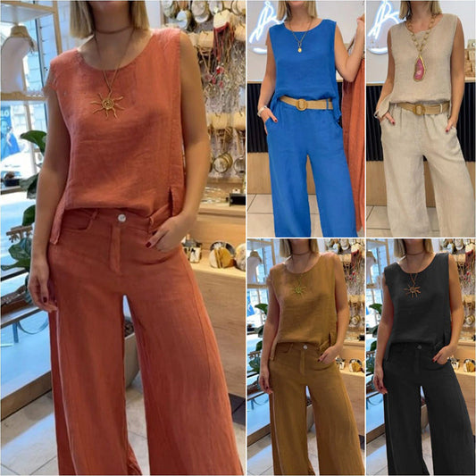 2-piece set with a sleeveless top in a solid color and wide-leg trousers