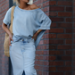 ✨Work commute outfit✨Women's diagonal shoulder top with split denim long skirt+Woven bag