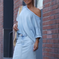 ✨Work commute outfit✨Women's diagonal shoulder top with split denim long skirt+Woven bag