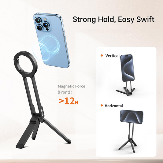 Magnetic Phone Tripod for iPhone, Portable Phone Holder Mini Tripod for Magsafe with Double-Sided Strong Magnetic 1/4'' Arri Locating Hole Foldable Hook