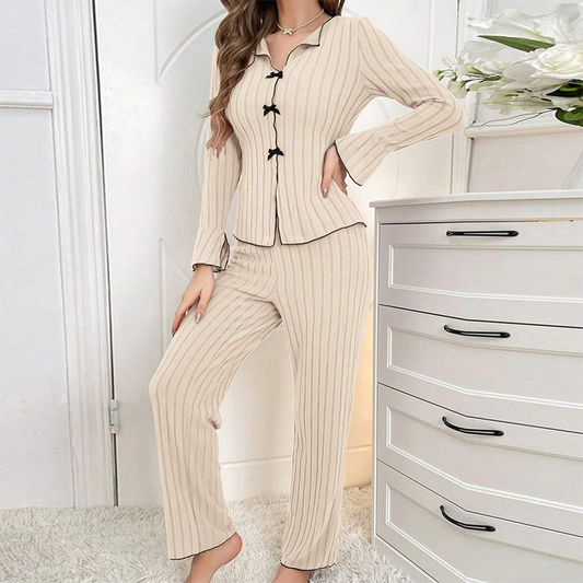 🔥New Arrivals Hot Sale: Sale 60%OFF⚡Women's Ribbed Knit Pajamas Sets with Lapel Collar & Bows