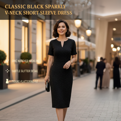 🧡New Arrival🔥Classic Black Sparkly V-Neck Short Sleeve Dress