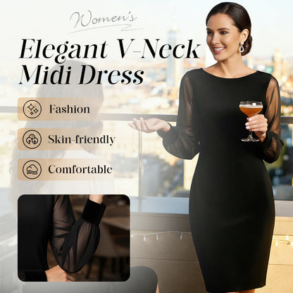 Elegant Sheer Mesh Lantern Sleeve Bodycon Dress