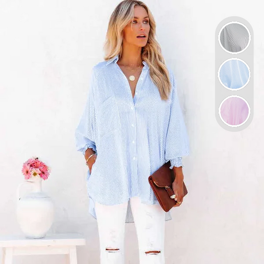 🏆 80K+ SOLD!⚡🏆️Mid-length smocked shirt with striped lapel and oversized drawdown sleeves