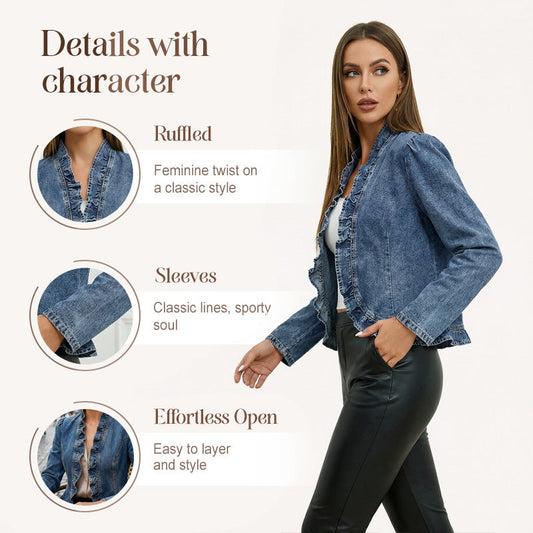 🧥 LIMITED-TIME 60% OFF! ✨ Women's Denim Jacket – Open-Front, Ruffle Trim, Lightweight, Classic Wash ✨