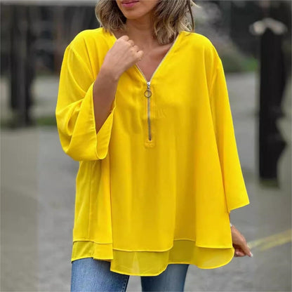 💖LAST DAY SALE 50% OFF🥰Double-Layer V-neck Zipper 3/4 Sleeves Soft Tops
