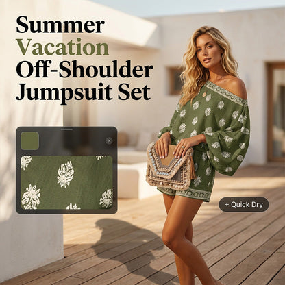 🥳2026 HOT SALE Special Price:£18.99!!!🥳💞🌸Bohemian Off-Shoulder Printed Jumpsuit Set