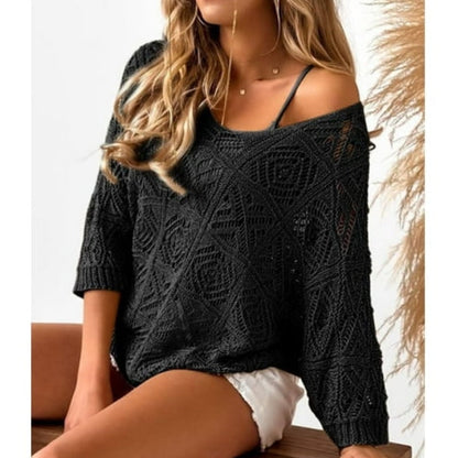 Boho Summer Chic: Women's Crochet Openwork 3/4 Sleeve Knit Top - Breathable & Versatile